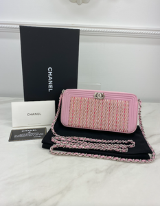 CHANEL BOY CRYSTAL STUDDED SMALL DOUBLE ZIP CLUTCH WITH CHAIN (PINK )