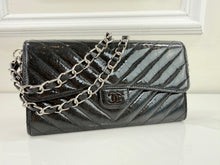 CHANEL CHEVRON QUILTED CLASIC FLAP WALLET / WOC IN BLACK AND SILVER PATENT METALLIC