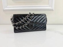 CHANEL CHEVRON QUILTED CLASIC FLAP WALLET / WOC IN BLACK AND SILVER PATENT METALLIC