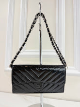 CHANEL CHEVRON QUILTED CLASIC FLAP WALLET / WOC IN BLACK AND SILVER PATENT METALLIC