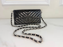 CHANEL CHEVRON QUILTED CLASIC FLAP WALLET / WOC IN BLACK AND SILVER PATENT METALLIC