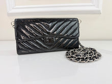 CHANEL CHEVRON QUILTED CLASIC FLAP WALLET / WOC IN BLACK AND SILVER PATENT METALLIC