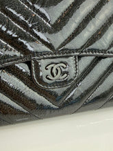CHANEL CHEVRON QUILTED CLASIC FLAP WALLET / WOC IN BLACK AND SILVER PATENT METALLIC