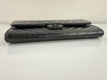 CHANEL CHEVRON QUILTED CLASIC FLAP WALLET / WOC IN BLACK AND SILVER PATENT METALLIC