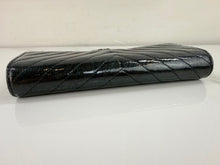 CHANEL CHEVRON QUILTED CLASIC FLAP WALLET / WOC IN BLACK AND SILVER PATENT METALLIC
