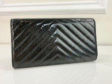 CHANEL CHEVRON QUILTED CLASIC FLAP WALLET / WOC IN BLACK AND SILVER PATENT METALLIC