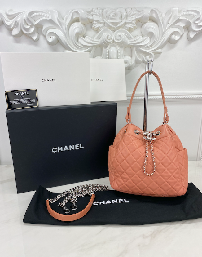 CHANEL LAMBSKIN QUILTED CC DRAWSTRING BUCKET BAG / CROSSBODY