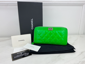 CHANEL BOY ZIP AROUND WALLET PATENT QUILTED (NEON GREEN)