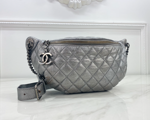 CHANEL METALLIC SILVER CALFSKIN BANANE WAIST BAG