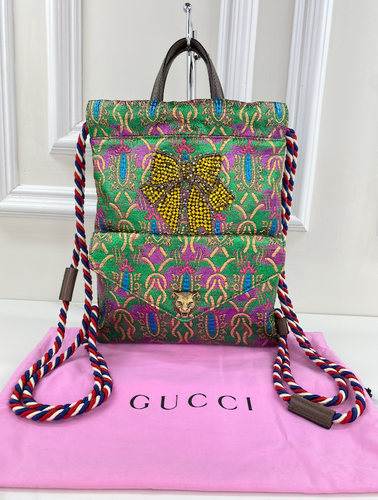 GUCCI BROCADE ANIMALIER BOW DRAWSTRING BACKPACK LIMITED EDITION