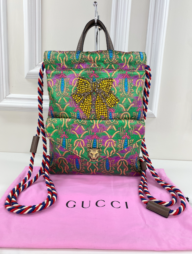 GUCCI BROCADE ANIMALIER BOW DRAWSTRING BACKPACK LIMITED EDITION
