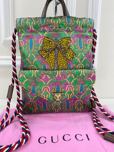 GUCCI BROCADE ANIMALIER BOW DRAWSTRING BACKPACK LIMITED EDITION