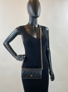 CHANEL QUILTED GUSSET LAMBSKIN FLAP WALLET / WOC (BLACK & GOLD)
