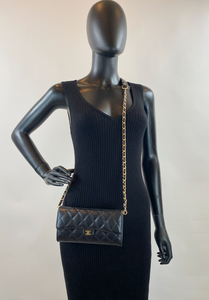 CHANEL QUILTED GUSSET LAMBSKIN FLAP WALLET / WOC (BLACK & GOLD)