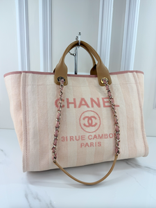 CHANEL STRIPED FIBER LARGE DEAUVILLE TOTE PINK