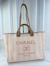 CHANEL STRIPED FIBER LARGE DEAUVILLE TOTE PINK