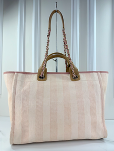 CHANEL STRIPED FIBER LARGE DEAUVILLE TOTE PINK