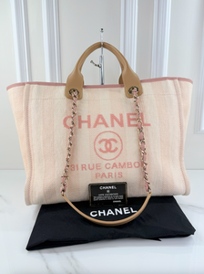 CHANEL STRIPED FIBER LARGE DEAUVILLE TOTE PINK