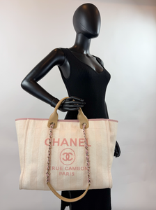 CHANEL STRIPED FIBER LARGE DEAUVILLE TOTE PINK