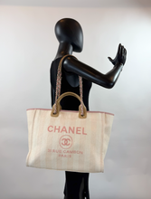 CHANEL STRIPED FIBER LARGE DEAUVILLE TOTE PINK