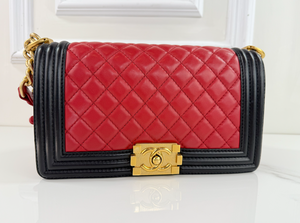 CHANEL QUILTED MEDIUM BOY FLAP LAMBSKIN (BICOLOR BLACK & RED)