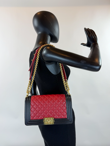 CHANEL QUILTED MEDIUM BOY FLAP LAMBSKIN (BICOLOR BLACK & RED)