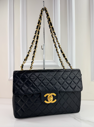 CHANEL VINTAGE QUILTED XL JUMBO MAXI SINGLE FLAP IN BLACK LAMBSKIN