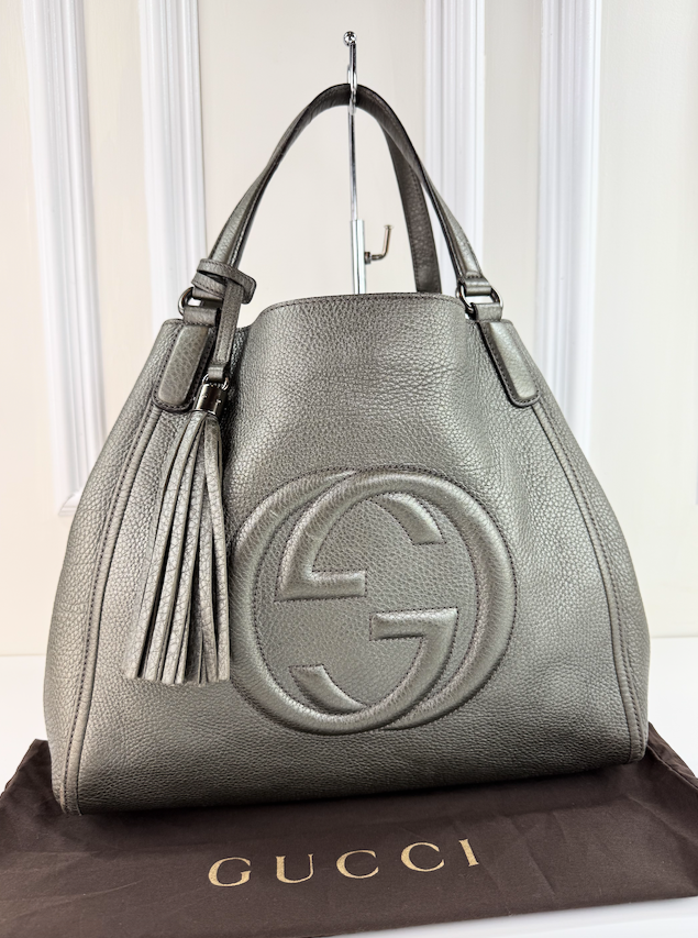 GUCCI SOHO TOTE METALLIC GUN METAL MEDIUM