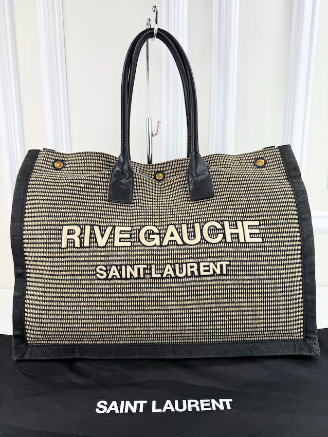 YSL RIVE GAUCHE EMBROIDERED TOTE BLACK/BEIGE