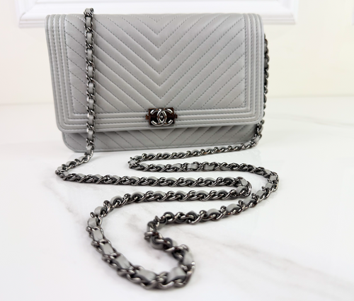 CHANEL WOC BOY V STITCH LAMBSKIN METALLIC GREY WITH GUNMETAL HARDWARE