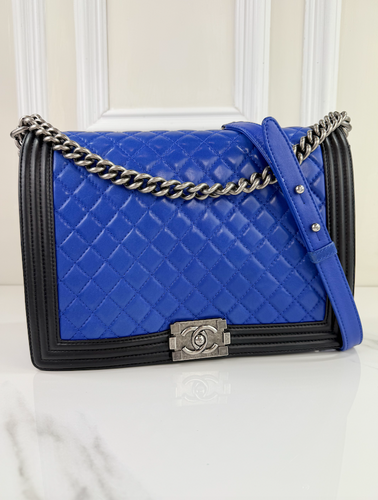 CHANEL BOY LARGE FLAP LAMBSKIN BLUE & BLACK