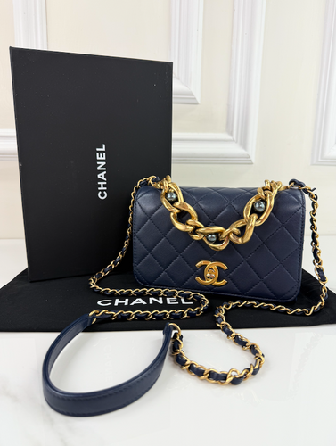 CHANEL TRIPLE PEARL CHAIN MINI FLAP LAMBSKIN NAVY