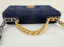 CHANEL 19 QUILTED WOOL TWEED WALLET ON CHAIN IN DENIM BLUE