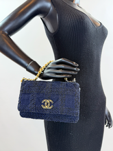 CHANEL 19 QUILTED WOOL TWEED WALLET ON CHAIN IN DENIM BLUE