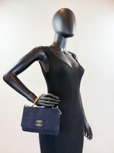 CHANEL 19 QUILTED WOOL TWEED WALLET ON CHAIN IN DENIM BLUE