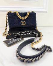 CHANEL 19 QUILTED WOOL TWEED WALLET ON CHAIN IN DENIM BLUE