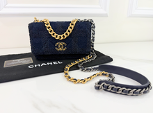 CHANEL 19 QUILTED WOOL TWEED WALLET ON CHAIN IN DENIM BLUE