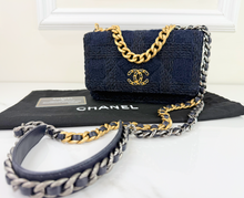 CHANEL 19 QUILTED WOOL TWEED WALLET ON CHAIN IN DENIM BLUE