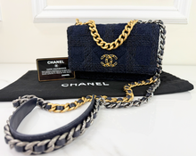 CHANEL 19 QUILTED WOOL TWEED WALLET ON CHAIN IN DENIM BLUE