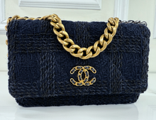 CHANEL 19 QUILTED WOOL TWEED WALLET ON CHAIN IN DENIM BLUE