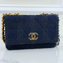 CHANEL 19 QUILTED WOOL TWEED WALLET ON CHAIN IN DENIM BLUE