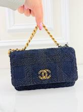 CHANEL 19 QUILTED WOOL TWEED WALLET ON CHAIN IN DENIM BLUE