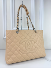 CHANEL CAVIAR QUILTED GRAND SHOPPING TOTE BEIGE & SILVER