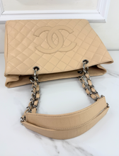 CHANEL CAVIAR QUILTED GRAND SHOPPING TOTE BEIGE & SILVER