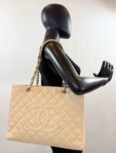 CHANEL CAVIAR QUILTED GRAND SHOPPING TOTE BEIGE & SILVER