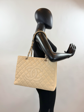 CHANEL CAVIAR QUILTED GRAND SHOPPING TOTE BEIGE & SILVER