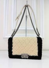 CHANEL SHEARLING QUILTED BOY MEDIUM FLAP BAG (BLACK AND CREAM)