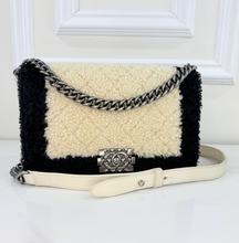 CHANEL SHEARLING QUILTED BOY MEDIUM FLAP BAG (BLACK AND CREAM)