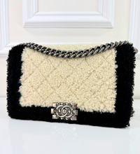 CHANEL SHEARLING QUILTED BOY MEDIUM FLAP BAG (BLACK AND CREAM)