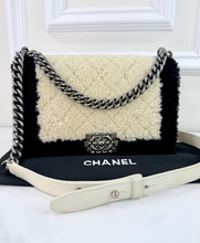 CHANEL SHEARLING QUILTED BOY MEDIUM FLAP BAG (BLACK AND CREAM)